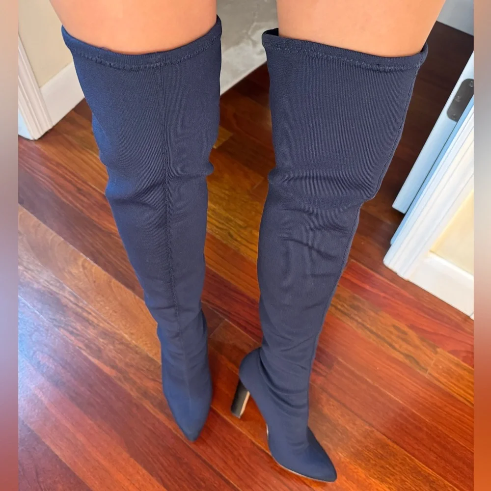 Neiman Marcus Navy Blue Over-the-Knee Ribbed Pointed Toe Boots